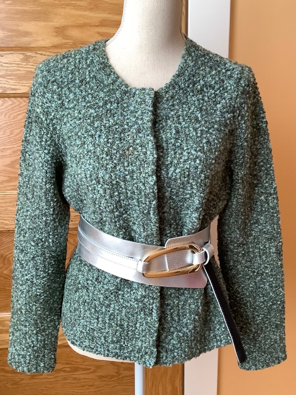 TALBOTS Textured Green Wool Bouclé Cardigan Crop Jacket M - Picture 2 of 11